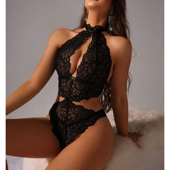 Sexy Black Bodysuit Lace Halter Lingerie - Picture 4 of 5